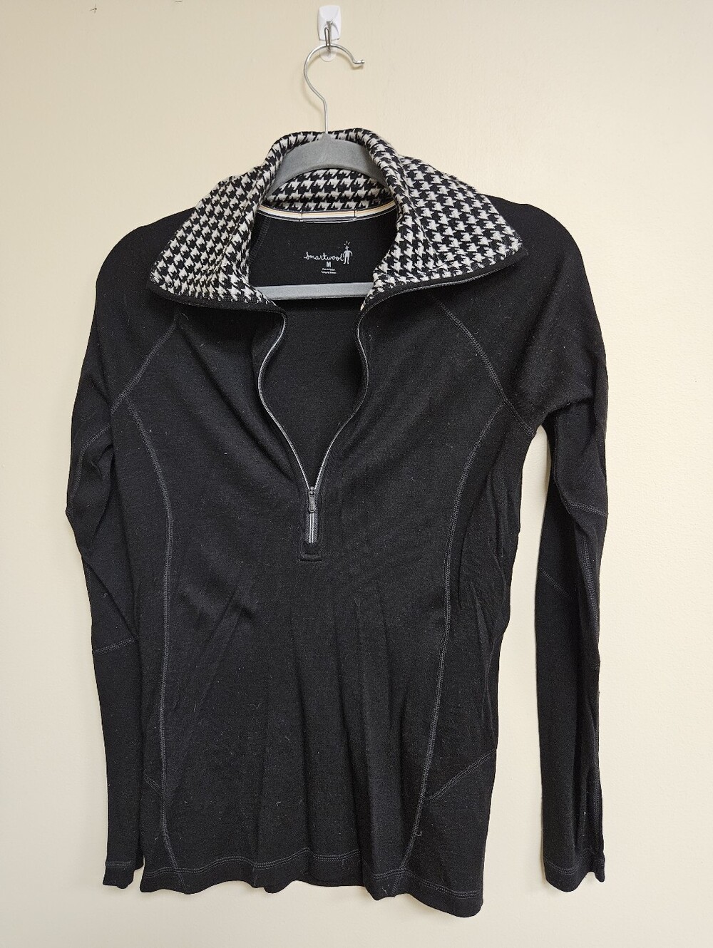 Smartwool Merino Wool 1/4 Zip Sweater Black Houndstooth Collar Sz M Base Layer